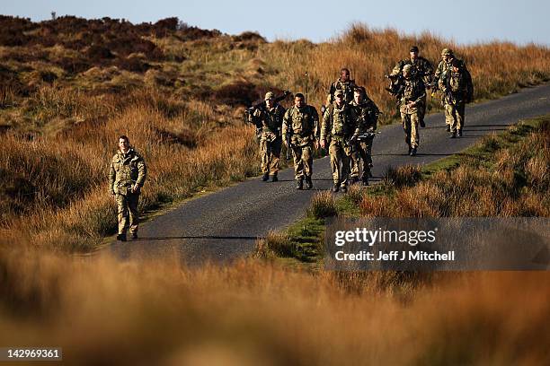 Soldiers from 16 Air Assault Brigade take part in Exercise Joint Warrior at West Freugh Airfield on April 16, 2012 in Starnraer, Scotland. The...