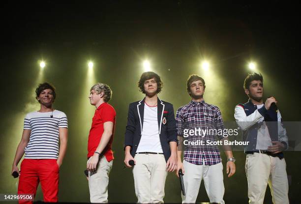 Niall Horan, Zayn Malik, Liam Payne, Harry Styles and Louis Tomlinson of One Direction perform live on stage at Hisense Arena on April 16, 2012 in...