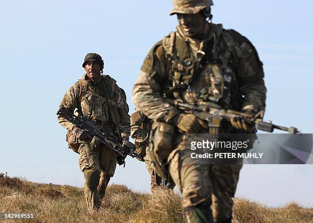 British soldiers scout a land zone during the 16 Air Assault Brigade Exercise Joint Warrior at West Freugh Airfield, Stranraer, Scotland on April 16,...
