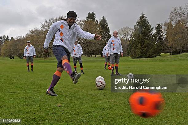 Christian Karembeu shoots during the Golffoot Masters in Lausanne on April 16, 2012 in Lausanne, Switzerland. Played on a golf course, golffoot...