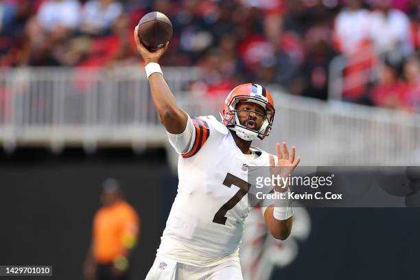 Jacoby Brissett of the Cleveland Browns looks for a pass against the Atlanta Falcons during the first quarter at Mercedes-Benz Stadium on October 02,...