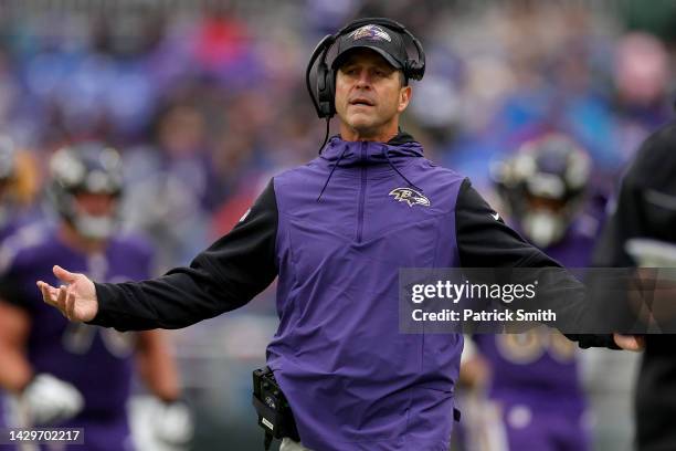 Head coach John Harbaugh of the Baltimore Ravens reacts in the second quarter against the Buffalo Bills at M&T Bank Stadium on October 02, 2022 in...