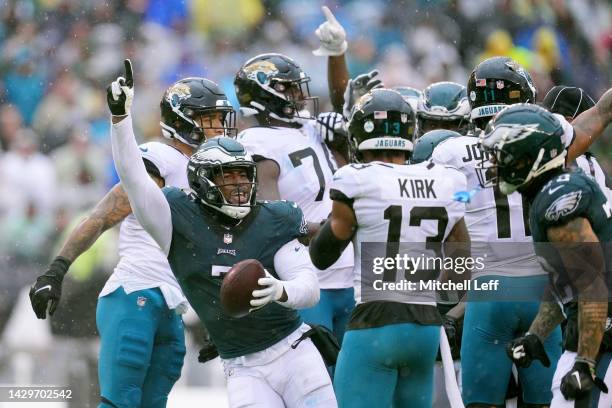 Haason Reddick of the Philadelphia Eagles reacts after recovering a fumble during the second quarter against the Jacksonville Jaguars at Lincoln...