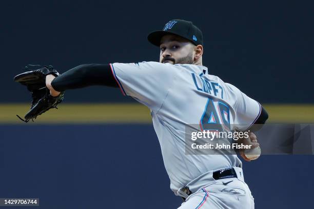 Pablo Lopez of the Miami Marlins throws a pitch in the first inning against the Milwaukee Brewers at American Family Field on October 02, 2022 in...