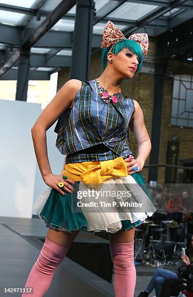 Model on the catwalk as part of Alternative Fashion Week, wearing designs by 'Faye de-Boorder for Beckii Cruel', at Old Spitalfields Market on April...