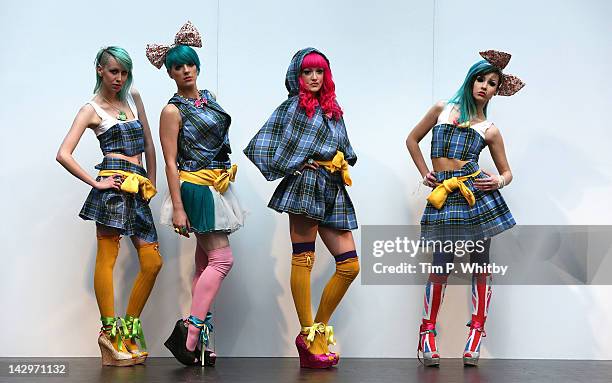 Models on the catwalk as part of Alternative Fashion Week, wearing designs by 'Faye de-Boorder for Beckii Cruel', at Old Spitalfields Market on April...