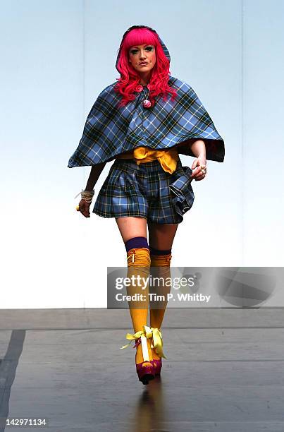Model on the catwalk as part of Alternative Fashion Week, wearing designs by 'Faye de-Boorder for Beckii Cruel' at Old Spitalfields Market on April...