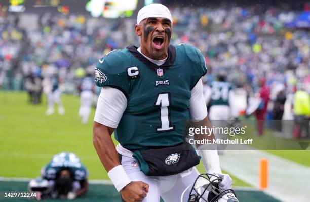 Jalen Hurts of the Philadelphia Eagles yells during pregame against the Jacksonville Jaguars at Lincoln Financial Field on October 02, 2022 in...