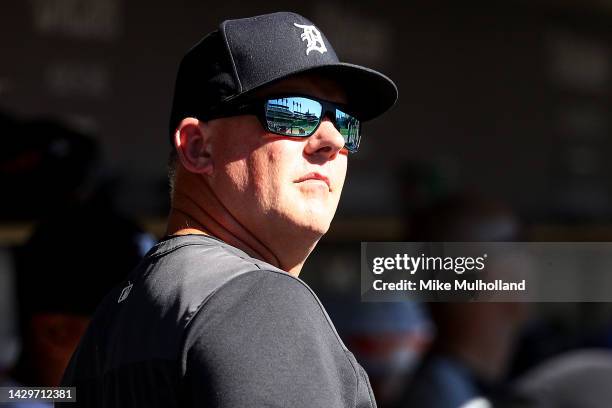 Hinch, manager of the Detroit Tigers, looks on from the dugout during a game against the Minnesota Twins at Comerica Park on October 02, 2022 in...