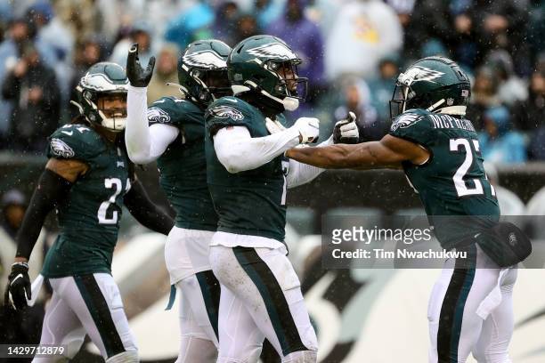 Haason Reddick of the Philadelphia Eagles celebrates with Zech McPhearson of the Philadelphia Eagles after Reddick recovered a fumble during the...