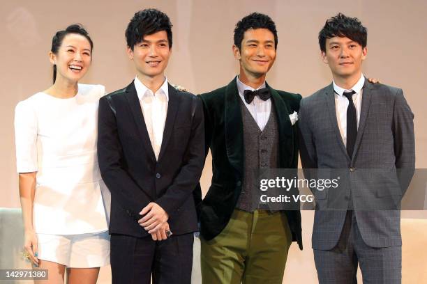 Actors Zhang Ziyi, Chen Chusheng, Huang Xiaoming and Chang Chen attend a press conference for "Wu Wen Xi Dong" at Tsinghua University on April 16,...