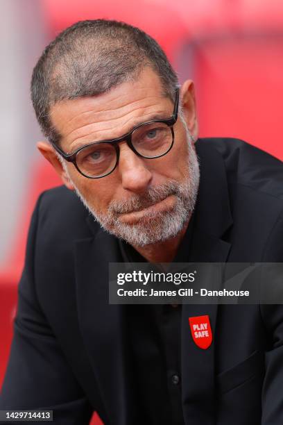 Slaven Bilic, manager of Watford, looks on during the Sky Bet Championship between Stoke City and Watford at Bet365 Stadium on October 02, 2022 in...