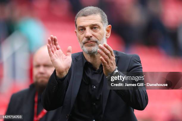 Slaven Bilic, manager of Watford, reacts during the Sky Bet Championship between Stoke City and Watford at Bet365 Stadium on October 02, 2022 in...