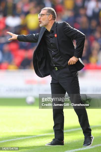 Slaven Bilic, manager of Watford, reacts during the Sky Bet Championship between Stoke City and Watford at Bet365 Stadium on October 02, 2022 in...