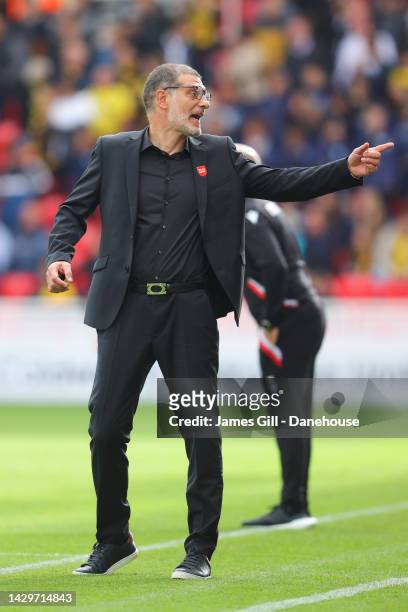 Slaven Bilic, manager of Watford, reacts during the Sky Bet Championship between Stoke City and Watford at Bet365 Stadium on October 02, 2022 in...