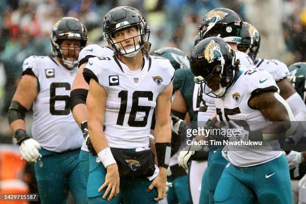 Trevor Lawrence of the Jacksonville Jaguars reacts after a fumble during the fourth quarter against the Philadelphia Eagles at Lincoln Financial...
