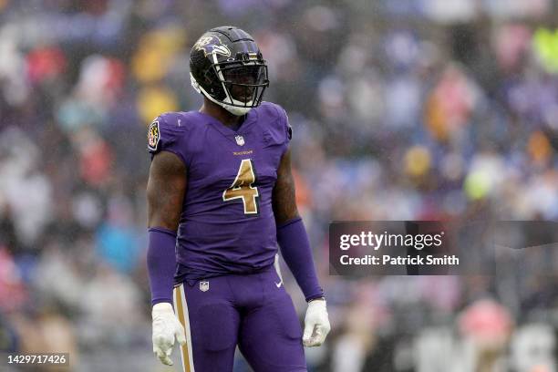 Jason Pierre-Paul of the Baltimore Ravens looks on in the fourth quarter against the Buffalo Bills at M&T Bank Stadium on October 02, 2022 in...