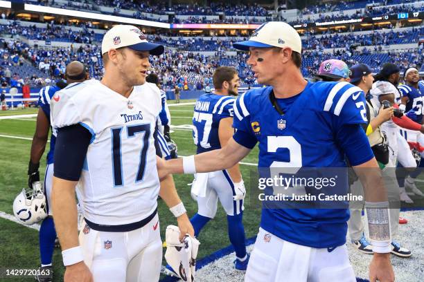 Ryan Tannehill of the Tennessee Titans and Matt Ryan of the Indianapolis Colts talk after Tennessee's 24-17 win at Lucas Oil Stadium on October 02,...