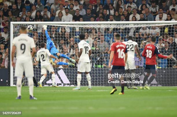 Kike Garcia of CA Osasuna scores first goal for CA Osauna during the LaLiga Santander match between Real Madrid CF and CA Osasuna at Estadio Santiago...