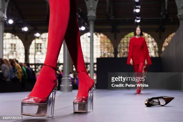 Model, shoe detail, walks the runway during the Valentino Womenswear Spring/Summer 2023 show as part of Paris Fashion Week on October 02, 2022 in...