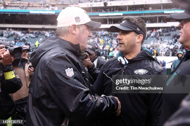 Head coach Doug Pederson of the Jacksonville Jaguars and head coach Nick Sirianni of the Philadelphia Eagles talk after Philadelphia's 29-21 win at...