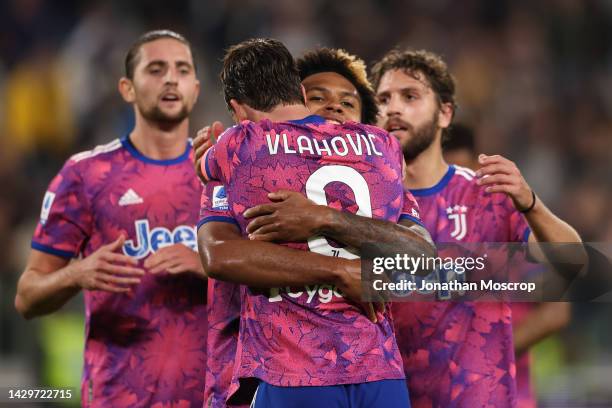Dusan Vlahovic of Juventus celebrates with team mate Weston McKennie after scoring to give the side a 2-0 lead during the Serie A match between...