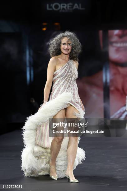 Andie MacDowell walks the runway during the "Le Defile Walk Your Worth" By L'Oreal Womenswear Spring/Summer 2023 show as part of Paris Fashion Week...