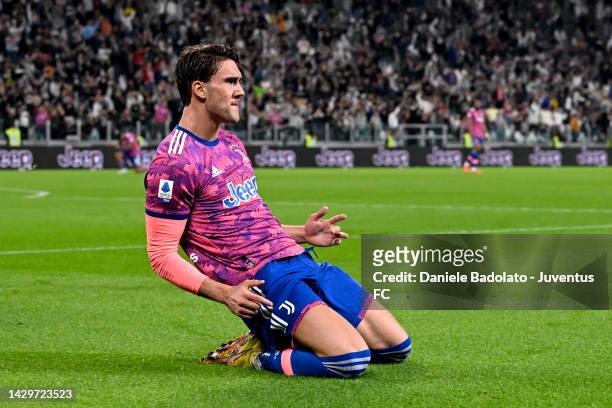 Dusan Vlahovic of Juventus celebrates after scoring his team's second goal during the Serie A match between Juventus and Bologna FC at Allianz...