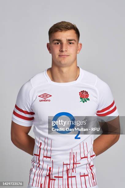 Jack van Poortvliet of England poses during the England Men's Rugby Squad Photocall at Richmond Hill Hotel on October 02, 2022 in Richmond, England.
