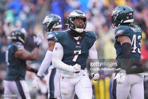 Haason Reddick of the Philadelphia Eagles celebrates after forcing a fumble during the fourth quarter against the Jacksonville Jaguars at Lincoln...