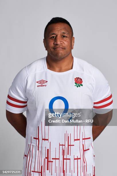 Mako Vunipola of England poses during the England Men's Rugby Squad Photocall at Richmond Hill Hotel on October 02, 2022 in Richmond, England.