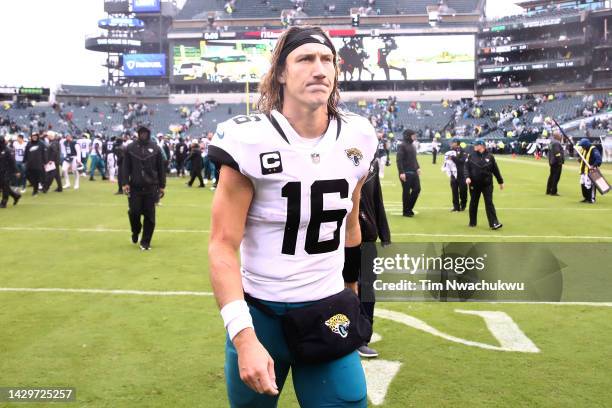 Trevor Lawrence of the Jacksonville Jaguars walks off the field after his team's 29-21 loss against the Philadelphia Eagles at Lincoln Financial...