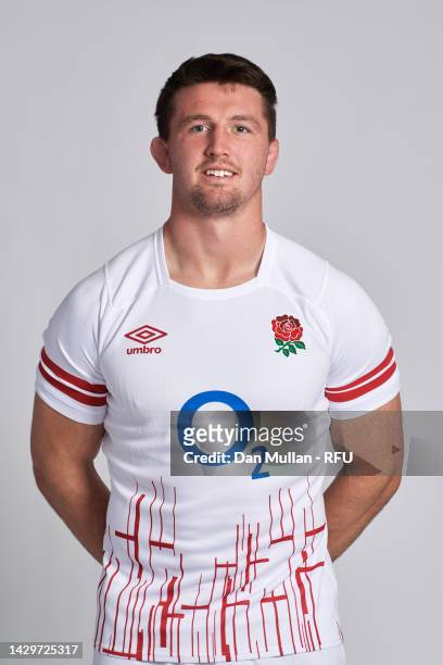 Tom Curry of England poses during the England Men's Rugby Squad Photocall at Richmond Hill Hotel on October 02, 2022 in Richmond, England.