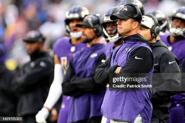 Head coach John Harbaugh of the Baltimore Ravens looks on in the fourth quarter against the Buffalo Bills at M&T Bank Stadium on October 02, 2022 in...