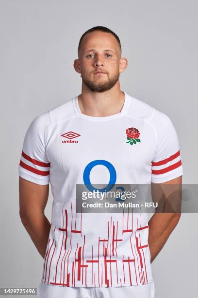 Jonny Hill of England poses during the England Men's Rugby Squad Photocall at Richmond Hill Hotel on October 02, 2022 in Richmond, England.