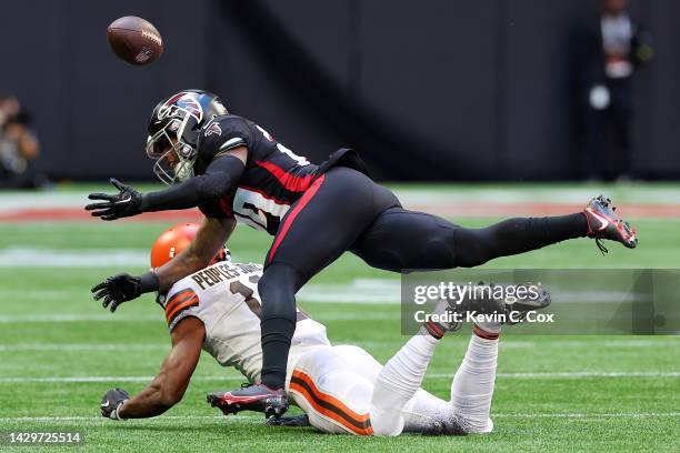 Casey Hayward of the Atlanta Falcons breaks up a pass to Donovan Peoples-Jones of the Cleveland Browns during the third quarter at Mercedes-Benz...