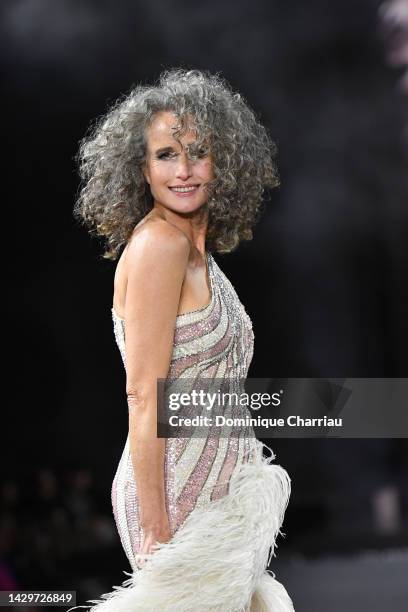 Andie MacDowell walks the runway during the "Le Defile Walk Your Worth" By L'Oreal Womenswear Spring/Summer 2023 show as part of Paris Fashion Week...