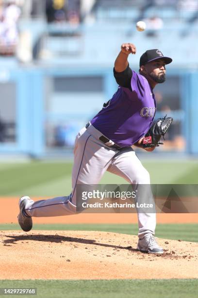 German Marquez of the Colorado Rockies throws a pitch in the first inning against the Los Angeles Dodgers at Dodger Stadium on October 02, 2022 in...