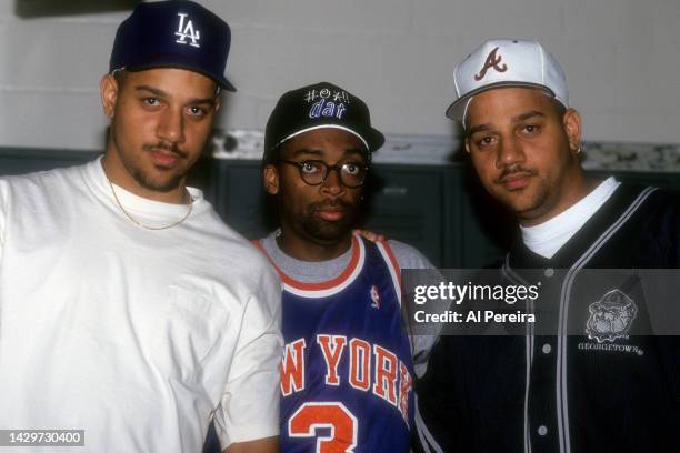 Filmmakers Spike Lee and The Hughes Brothers appear at a press conference on June 10, 1993 in New York City.