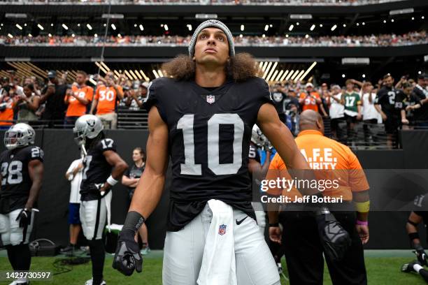 Mack Hollins of the Las Vegas Raiders looks on before the game against the Denver Broncos at Allegiant Stadium on October 02, 2022 in Las Vegas,...