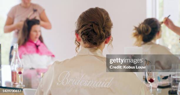 wedding, makeup and bridesmaid woman at salon getting hair, mascara or eyeliner done. maid of honor, support and preparing for ceremony, beauty treatment or bachelorette party and bridal shower - maid of honor hair stock pictures, royalty-free photos & images