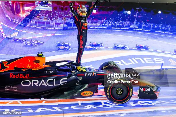 Sergio Perez of Mexico and Red Bull Racing celebrates finishing in first position during the F1 Grand Prix of Singapore at Marina Bay Street Circuit...