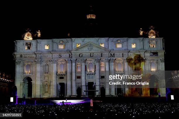 Italian operatic tenor Andrea Bocelli performs during “Seguimi” a video projection depicting the life of St. Peter on the façade of St. Peter’s...