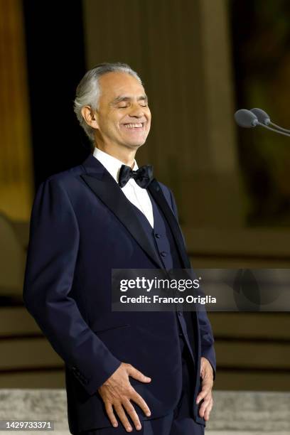 Italian operatic tenor Andrea Bocelli performs during “Seguimi” a video projection depicting the life of St. Peter on the façade of St. Peter’s...