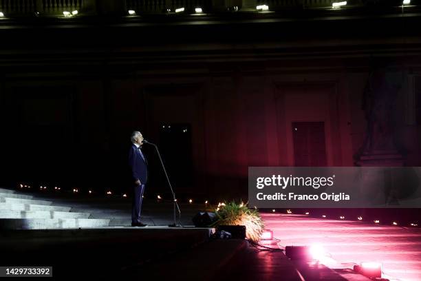 Italian operatic tenor Andrea Bocelli performs during “Seguimi” a video projection depicting the life of St. Peter on the façade of St. Peter’s...