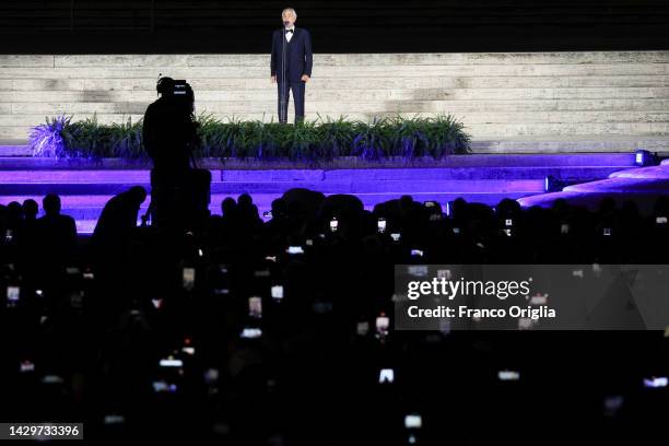 Italian operatic tenor Andrea Bocelli performs during “Seguimi” a video projection depicting the life of St. Peter on the façade of St. Peter’s...