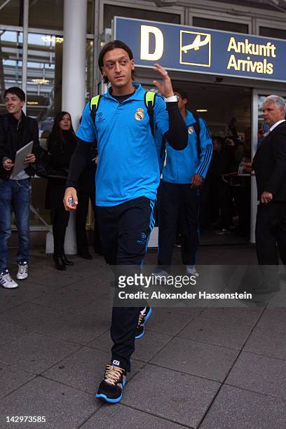 Mesut Oezil of Real Madrid arrives with his team at Munich airport´Franz-Josef Strauss´ on April 16, 2012 in Munich, Germany. Real Madrid will play...