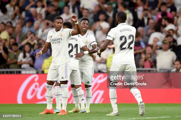 Vinicius Junior of Real Madrid celebrates after scoring first goal for Real Madrid during the LaLiga Santander match between Real Madrid CF and CA...