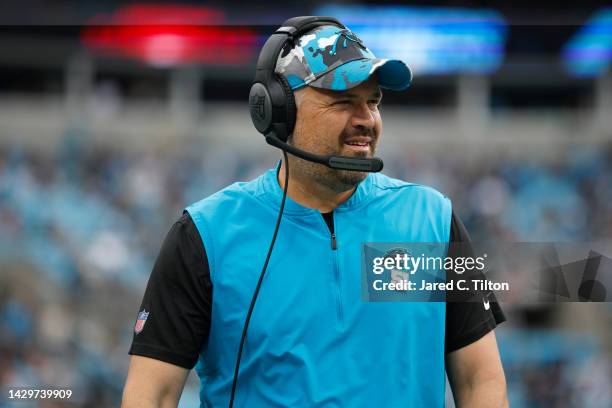 Head coach Matt Rhule of the Carolina Panthers looks on before the game against the Arizona Cardinalsat Bank of America Stadium on October 02, 2022...