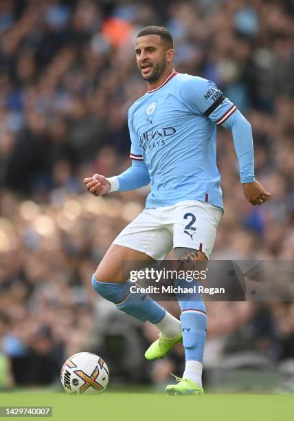 Kyle Walker of Man City in action during the Premier League match between Manchester City and Manchester United at Etihad Stadium on October 02, 2022...